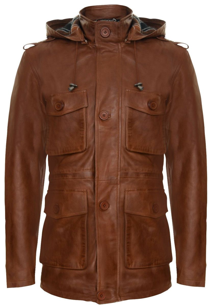 Leder Trenchcoat mit Kapuze und Taschen