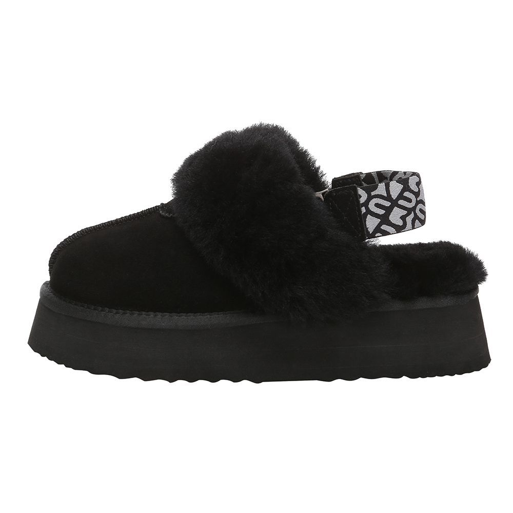 Schwarzer Plateau Shearling Clog Slipper