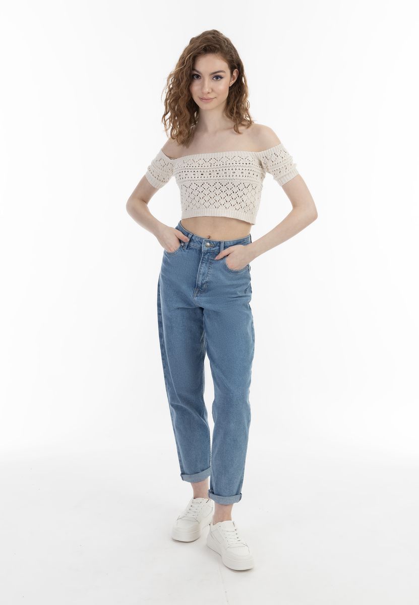 Schulterfreies Häkelstrick-Cropped-Top