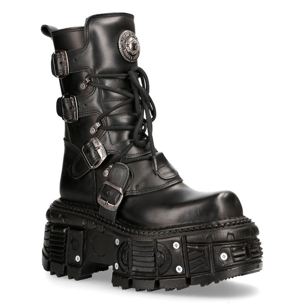 Schwarze Leder Kampfstiefel mit Plateausohle
