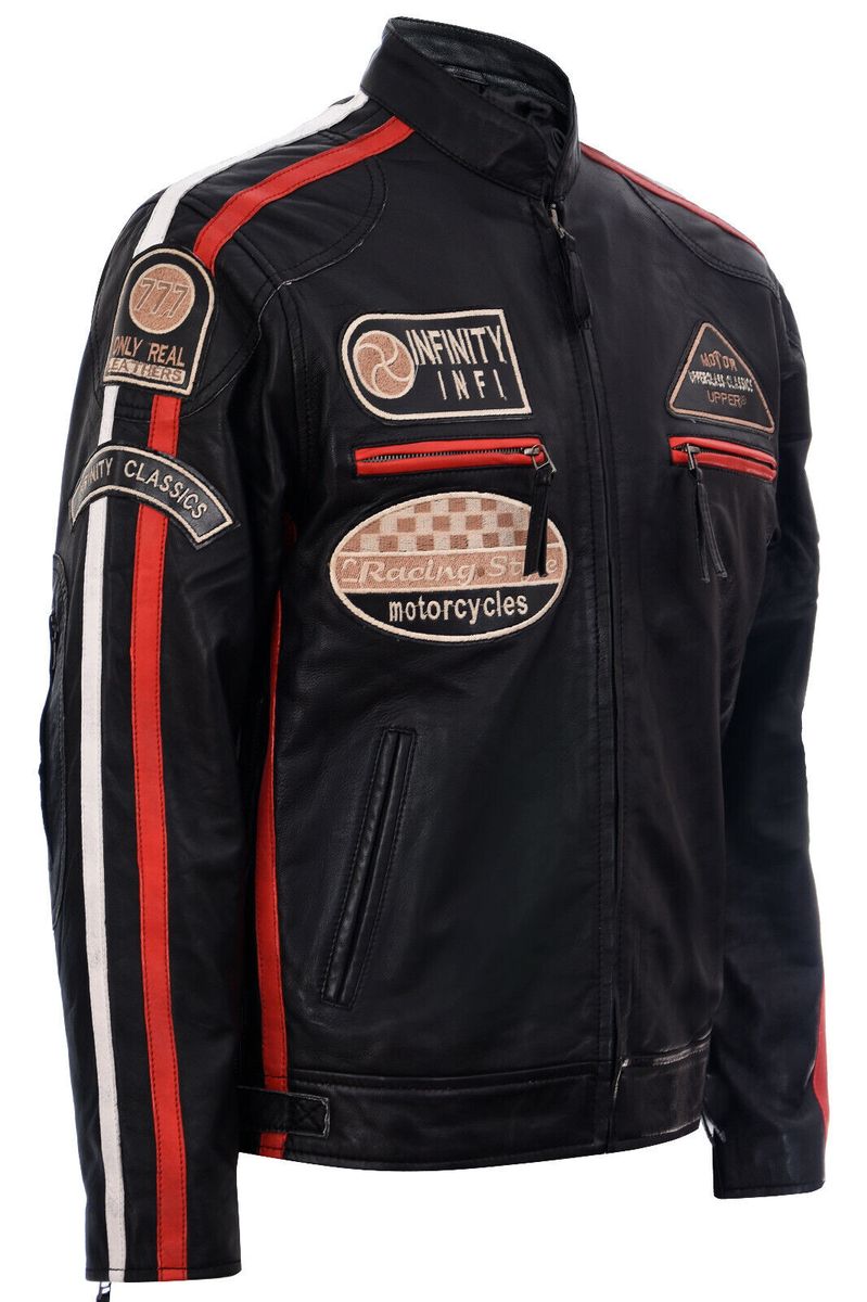Leder-Racing-Jacke mit Vintage-Patches