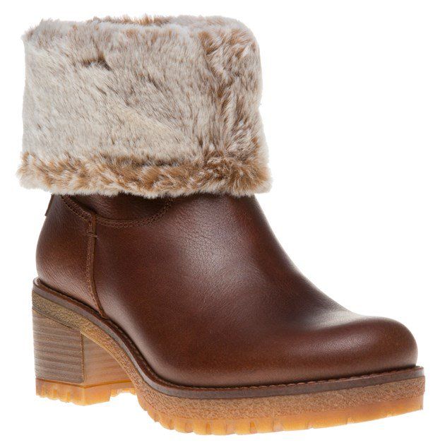 Brauner Leder-Stiefelette mit Fellbesatz
