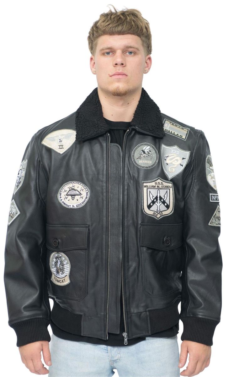 Vintage Leder Bomberjacke mit Aufnähern