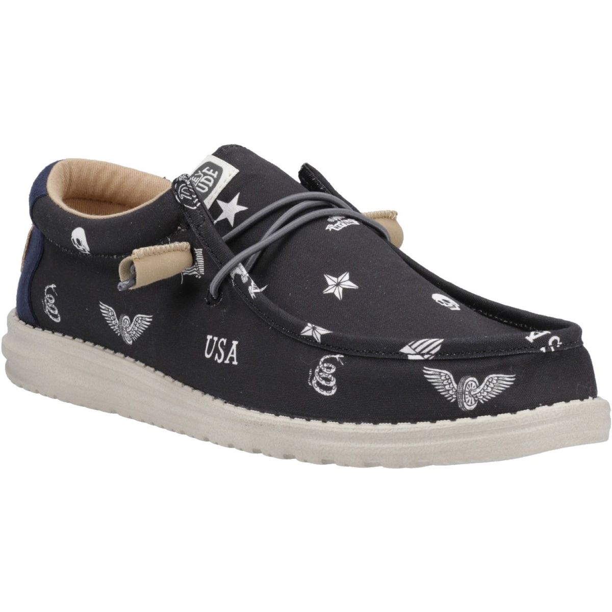 HEYDUDE Wally Stars n Skulls 100% Baumwolle Herren Schwarz Bootsschuhe