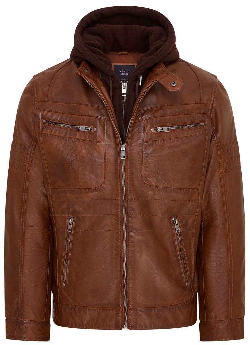 Braune Herren-Leder-Bikerjacke mit Kapuze