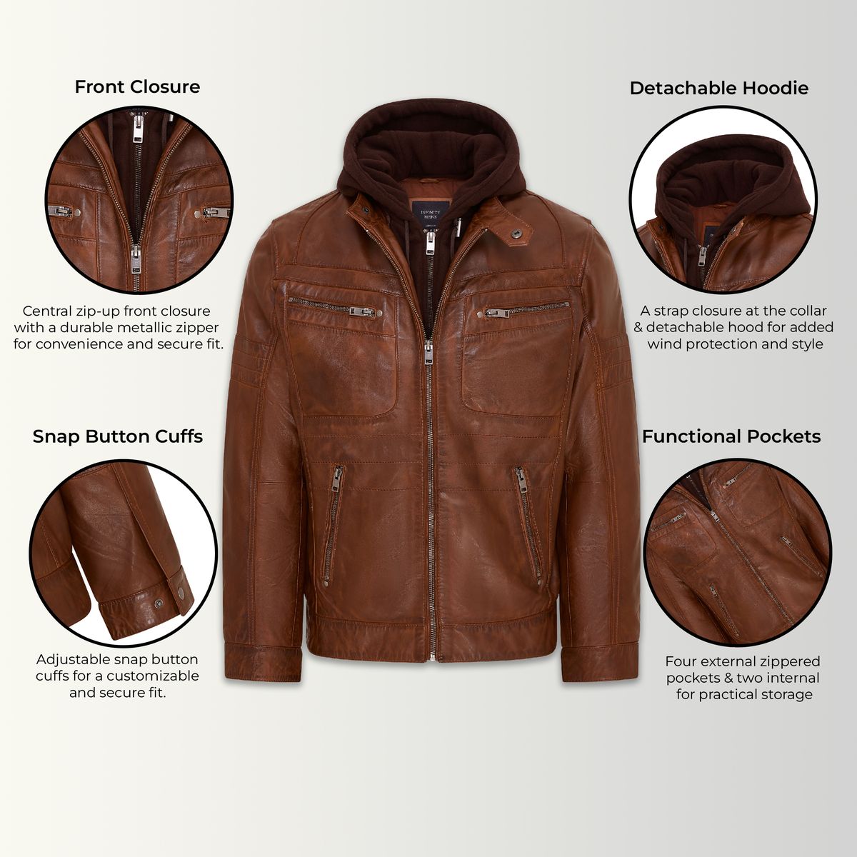 Gesteppte Leder-Bikerjacke mit Kapuze