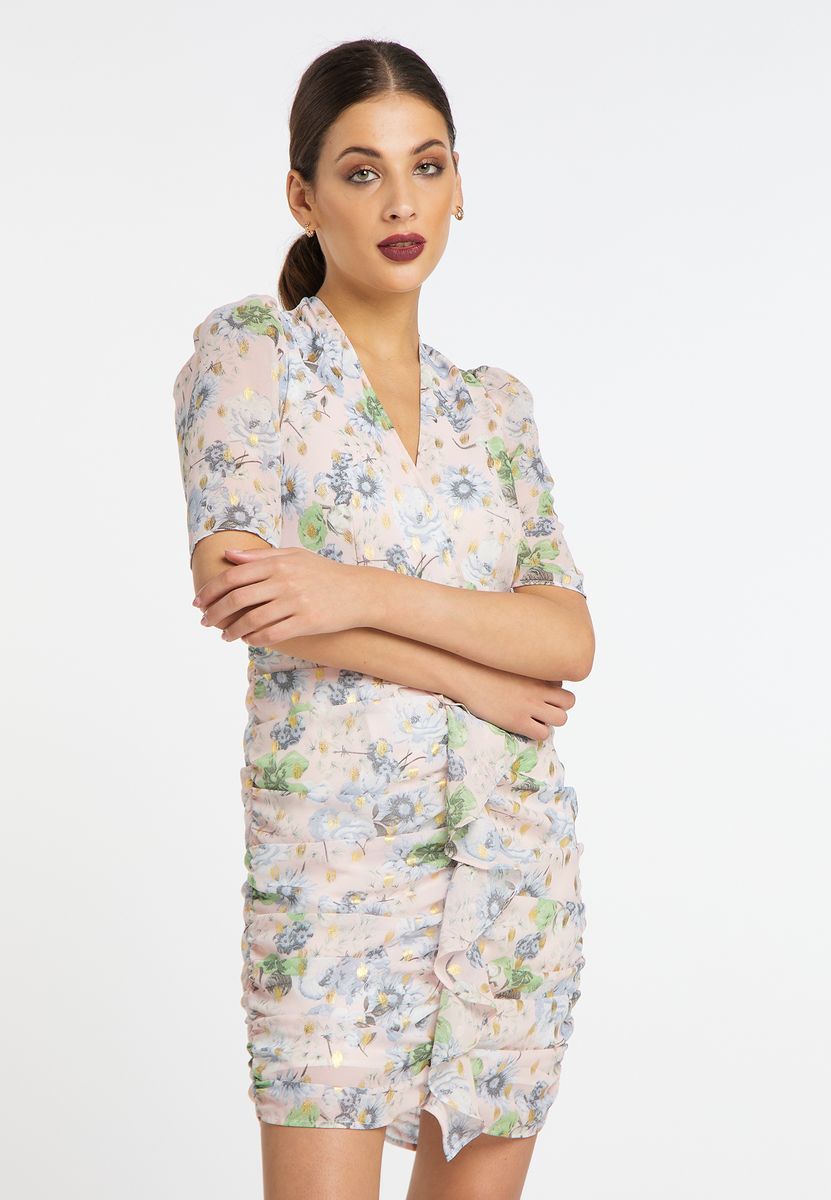 Mini-Kleid mit Blumenmuster und Raffung
