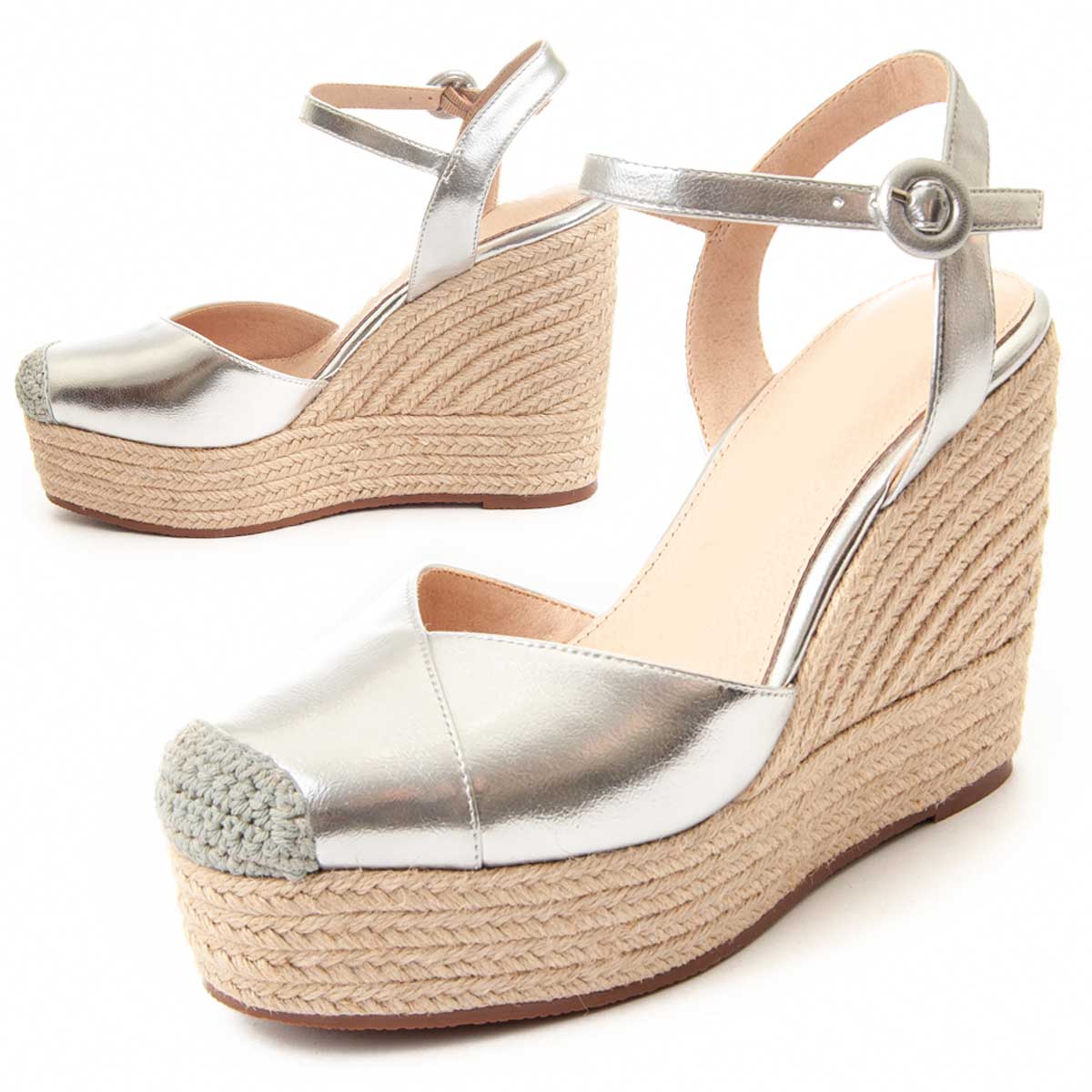 Silberne Espadrille-Sandalette mit Keilabsatz