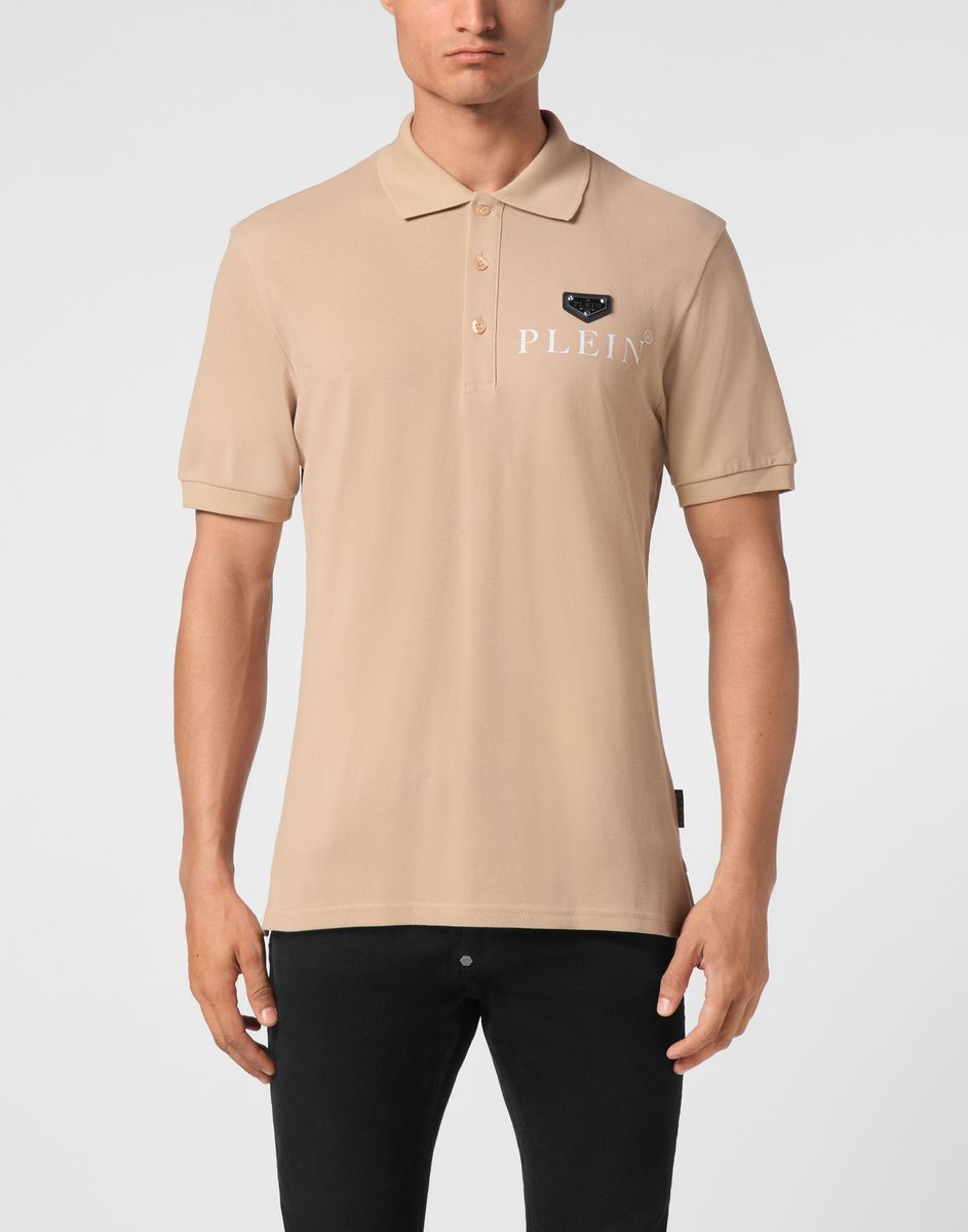 Herren Beige Logo-Patch Poloshirt