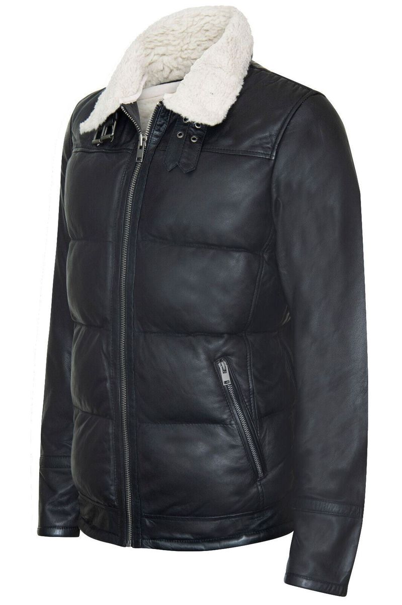 Gesteppte Leder-Pufferjacke mit Shearling