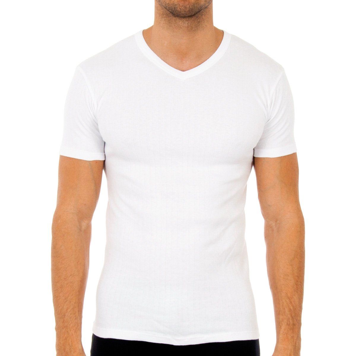 Geripptes Kurzarm-T-Shirt mit V-Ausschnitt