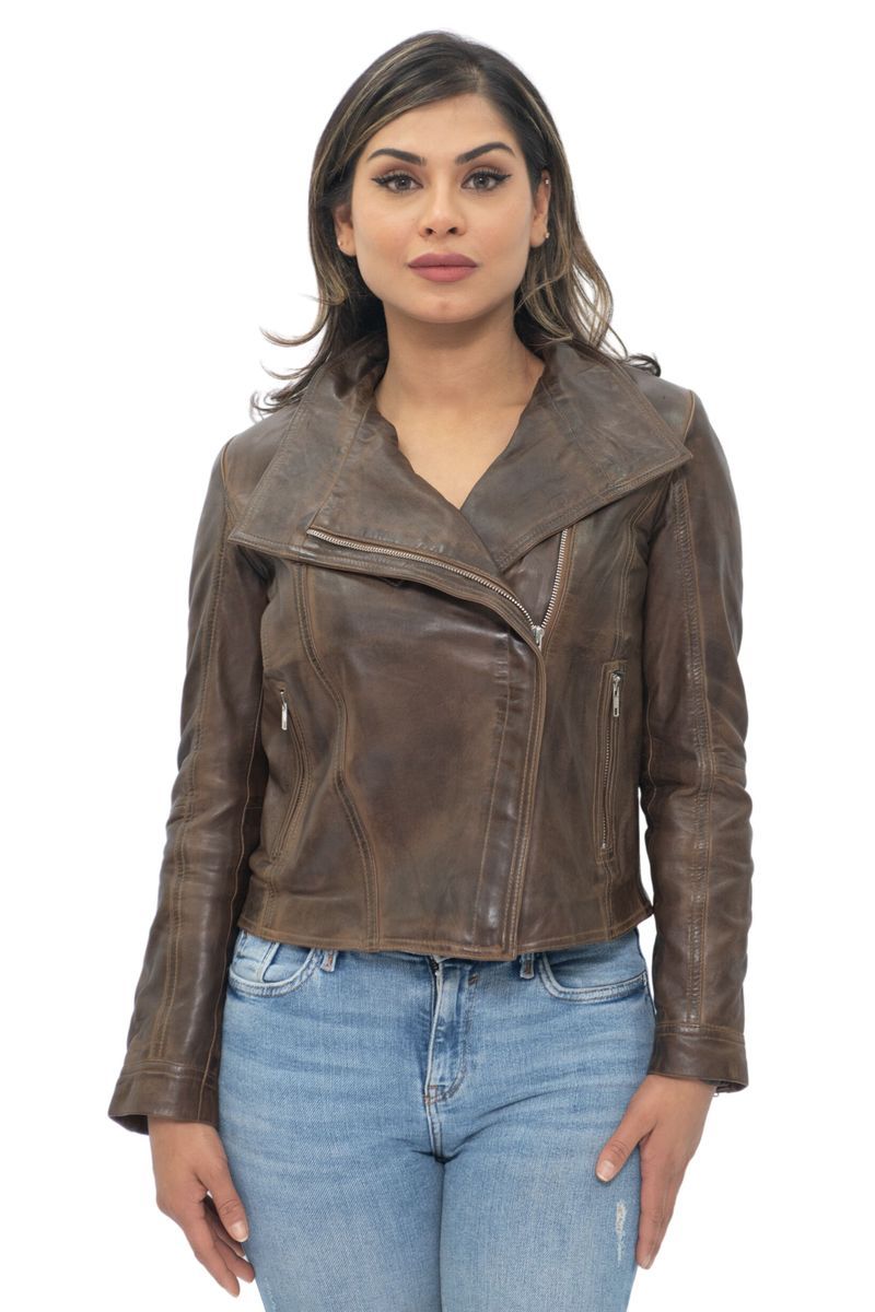 Leder-Bikerjacke im Used-Look mit Kragen