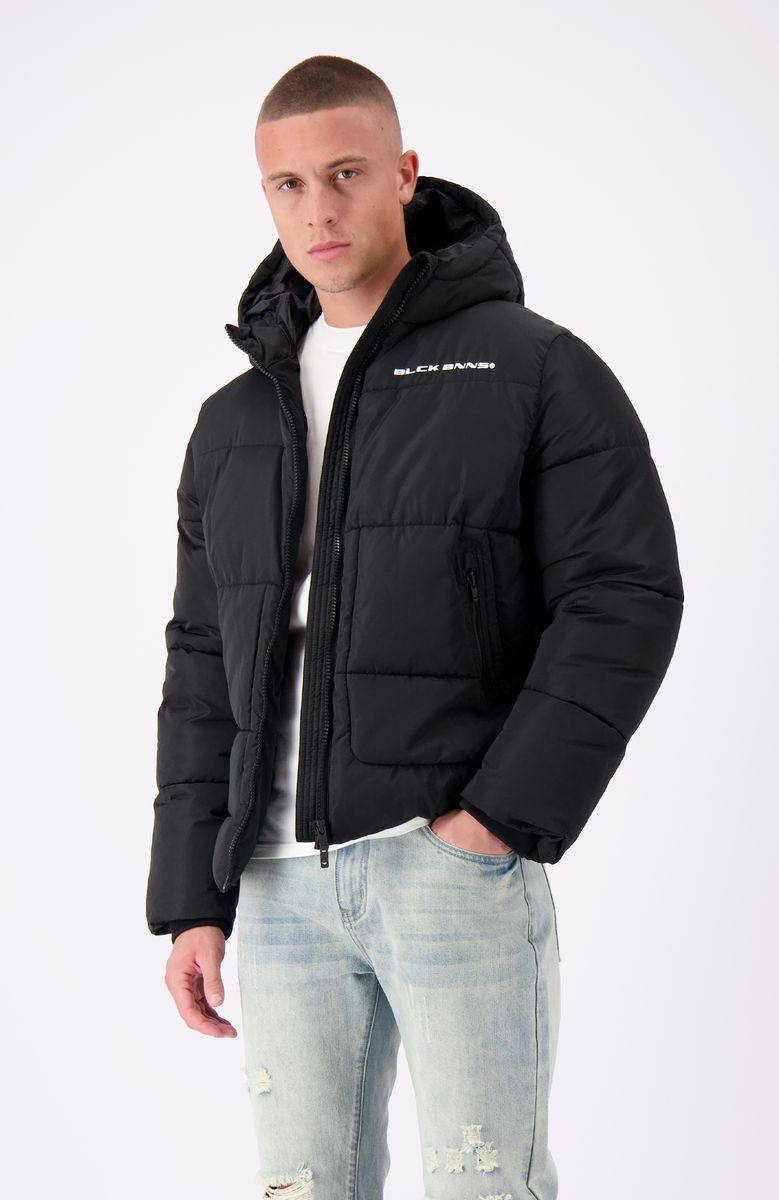 Herren Schwarze Gefütterte Pufferjacke mit Kapuze