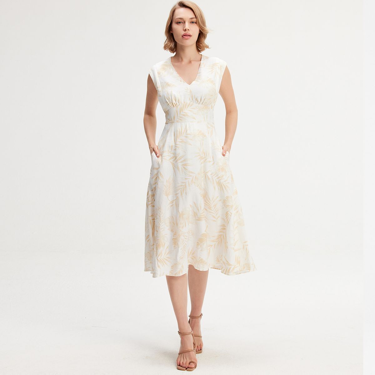 Midikleid mit tropischem Blattmuster