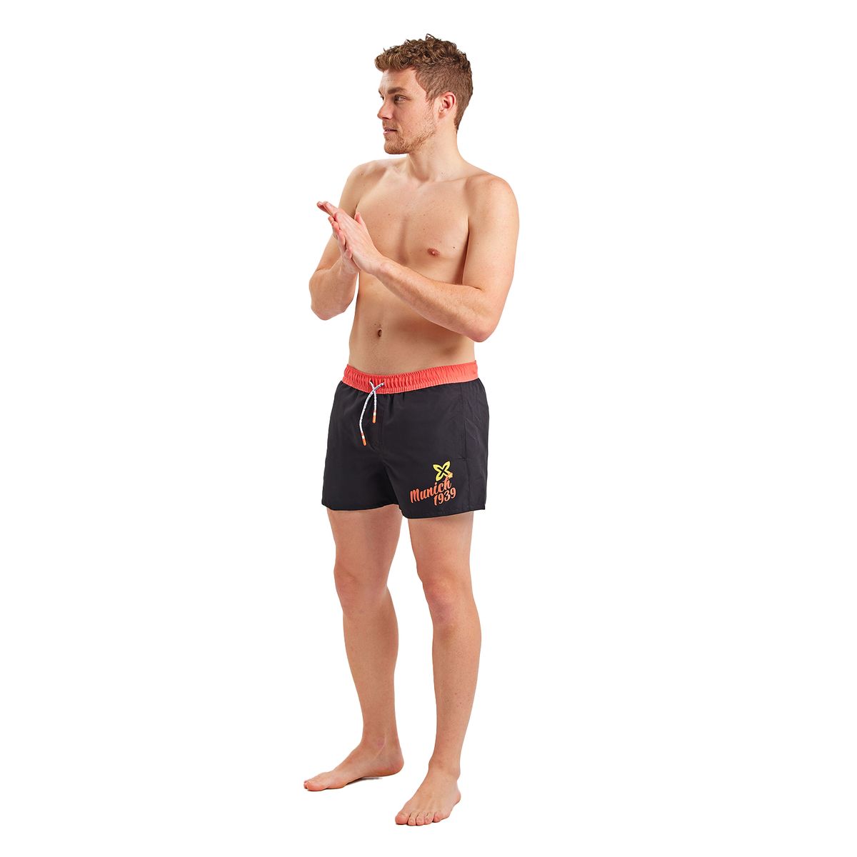 Türkisfarbene Badehose mit orangem Saum