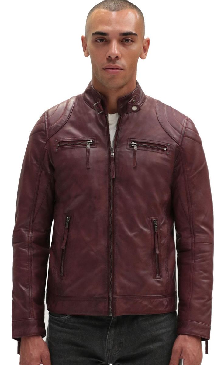 Herren Burgunder Leder Bikerjacke