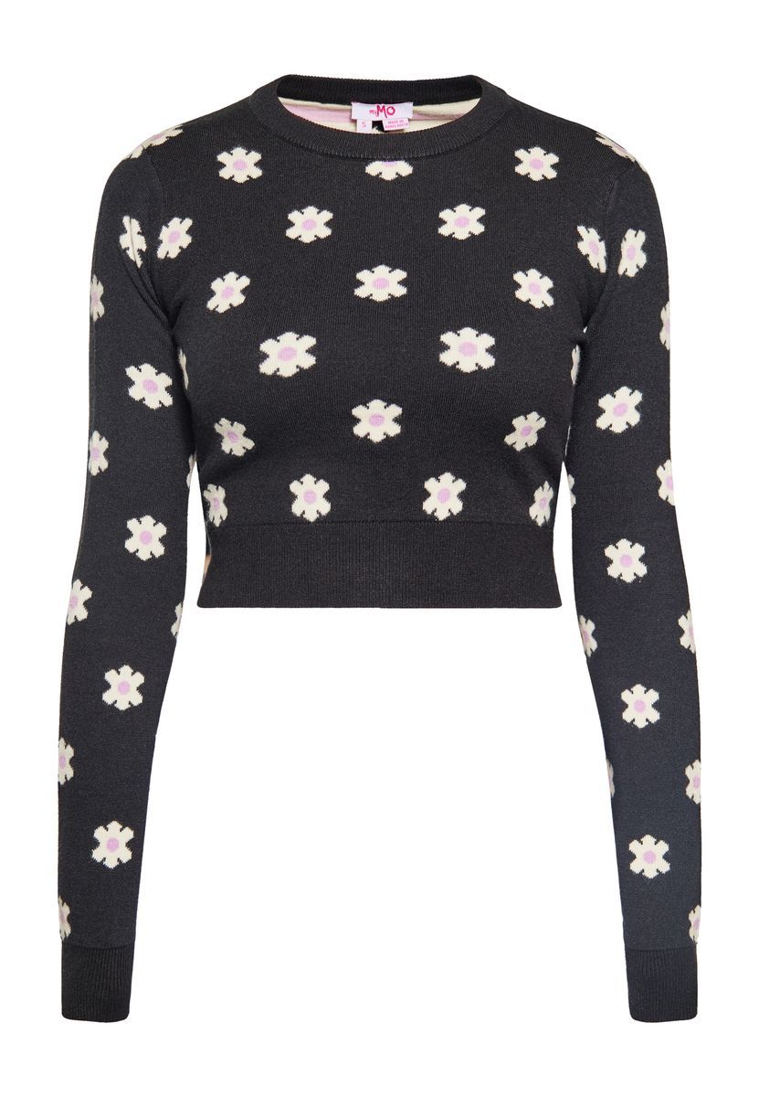 Kurz geschnittener Strickpullover mit floralem Jacquardmuster
