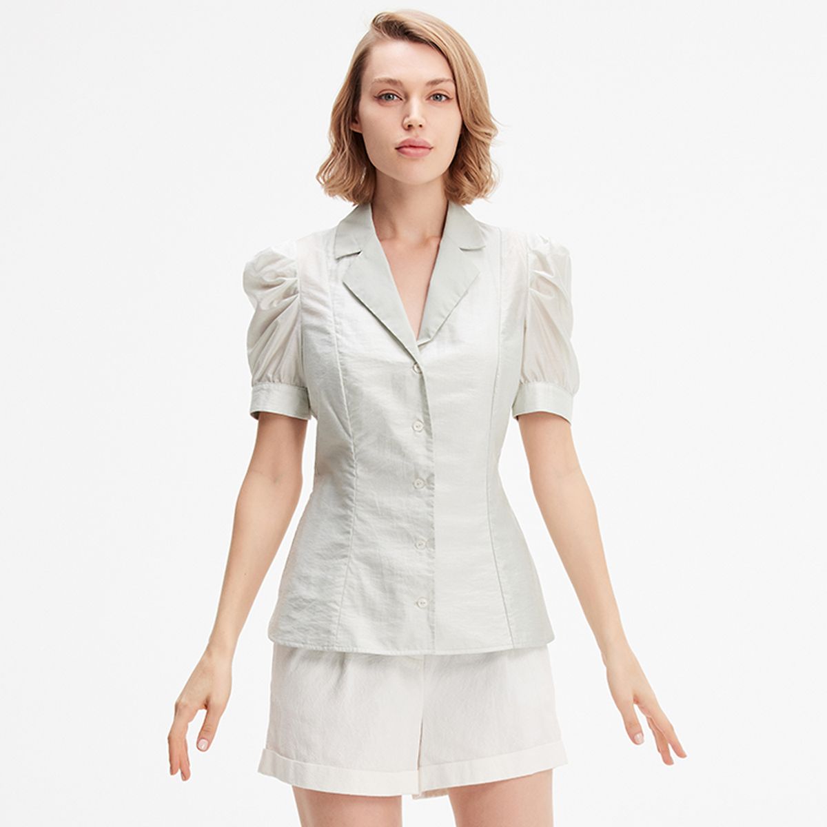Elegante Organza Kurzarm Bluse mit Knöpfen