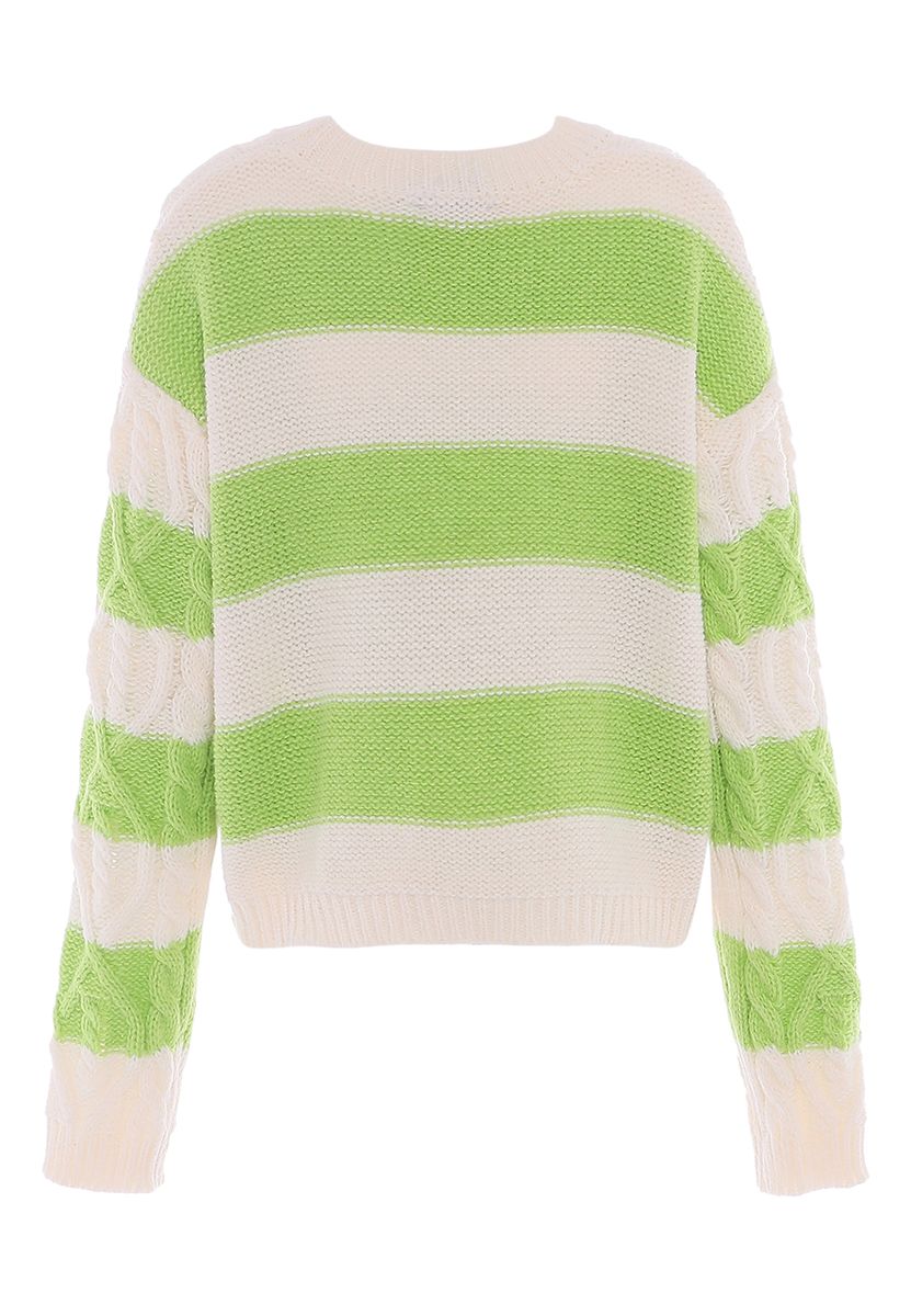 Gestreifter Zopfstrick-Pullover mit Rundhals