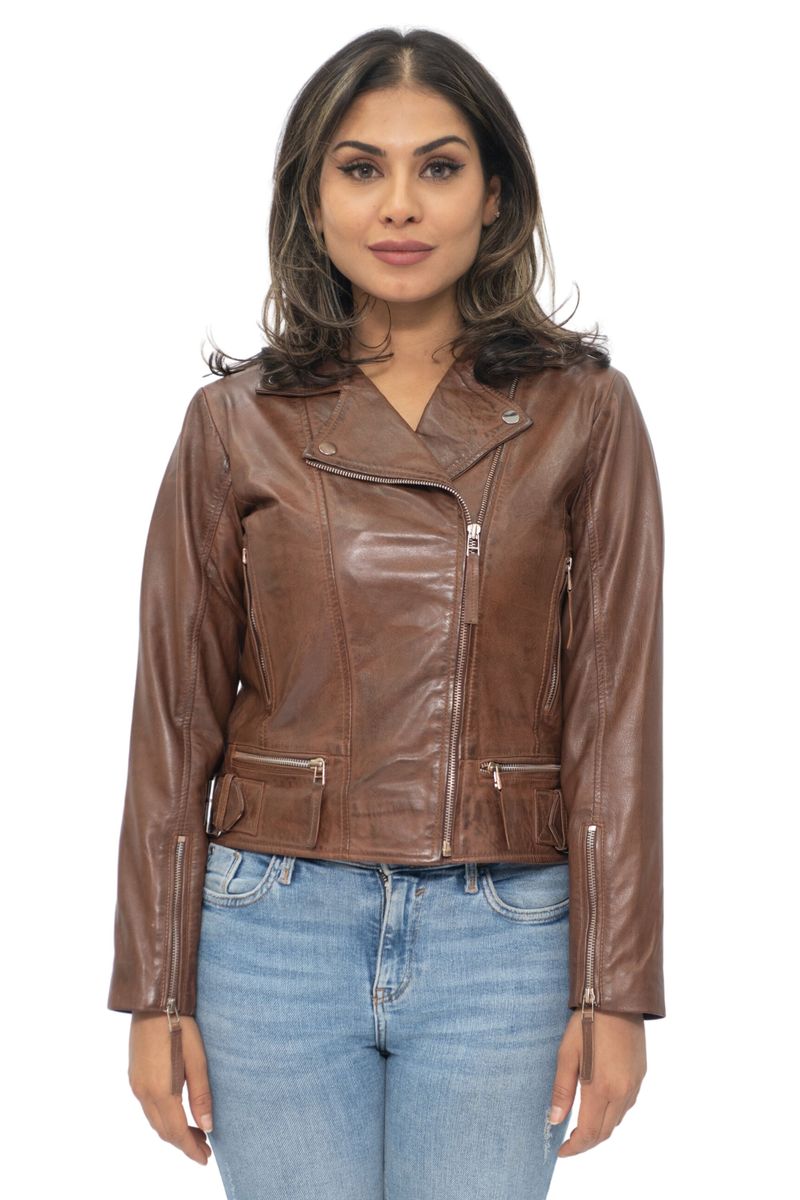Braune Leder Bikerjacke Damen