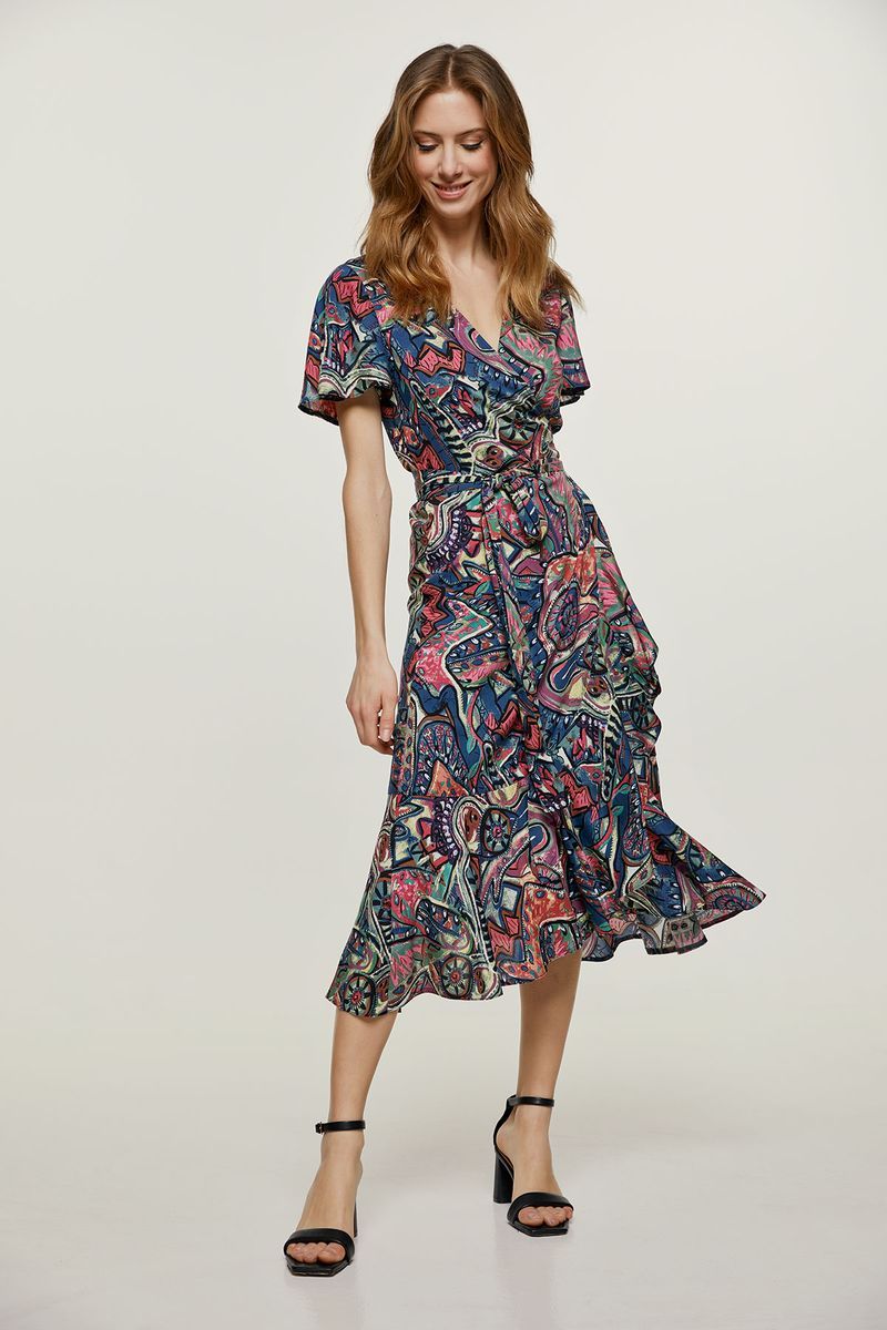 Bedrucktes Wickel-Midikleid mit Rüschen