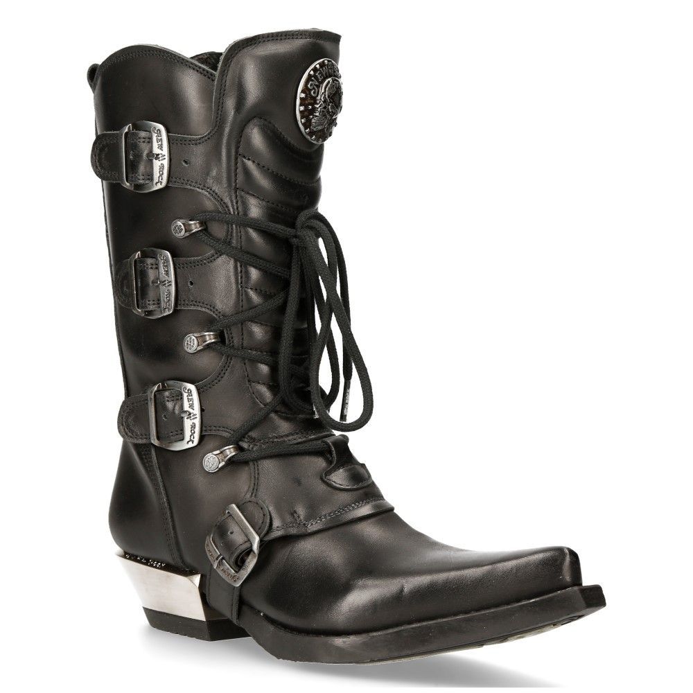 Schwarze Lederstiefel mit Schnalle im Cowboy-Stil