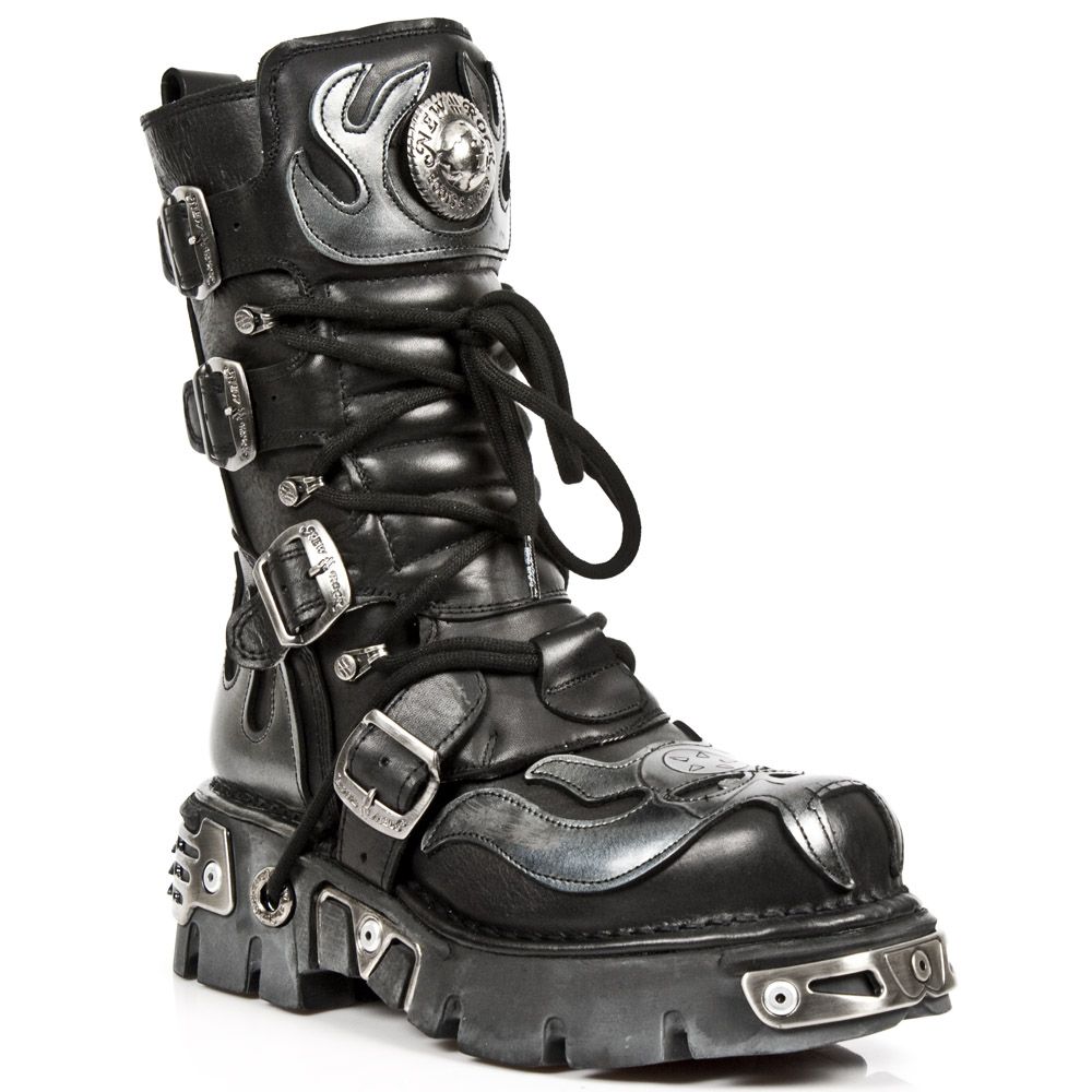 Schwarze Leder Flammen Biker Stiefel