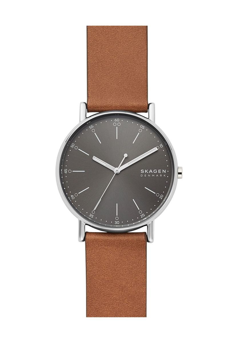 Minimalistische graue Uhr mit Lederarmband