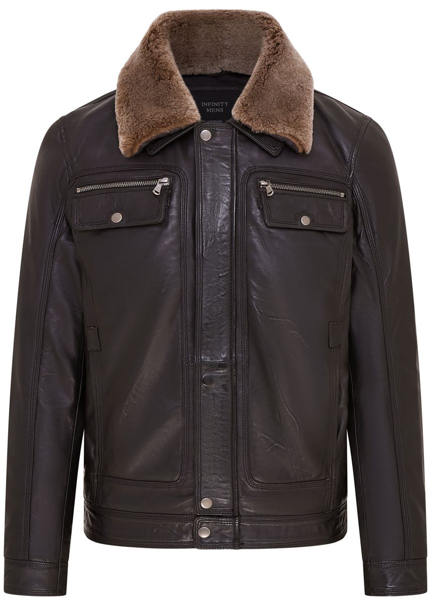 Braune Leder-Truckerjacke mit Shearling-Kragen