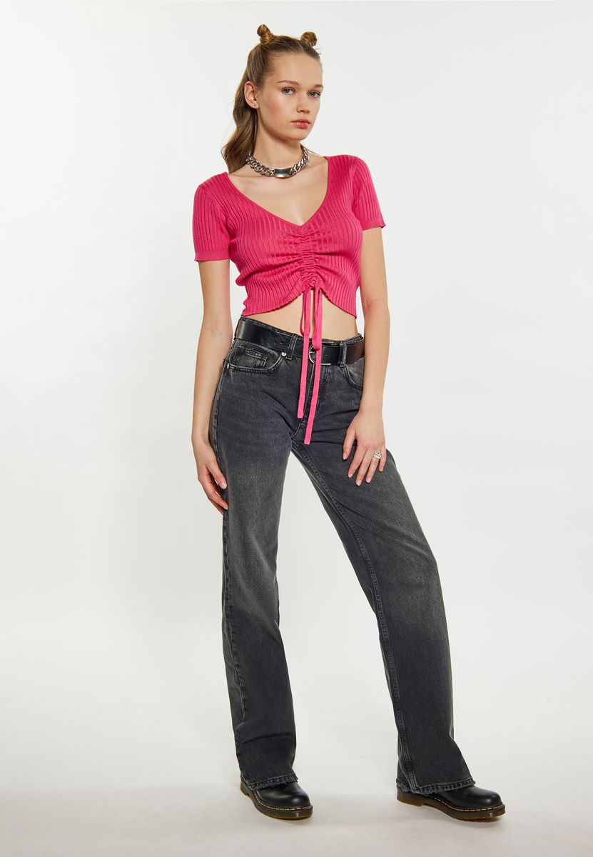 Geripptes Strick-Crop-Top mit Tunnelzug