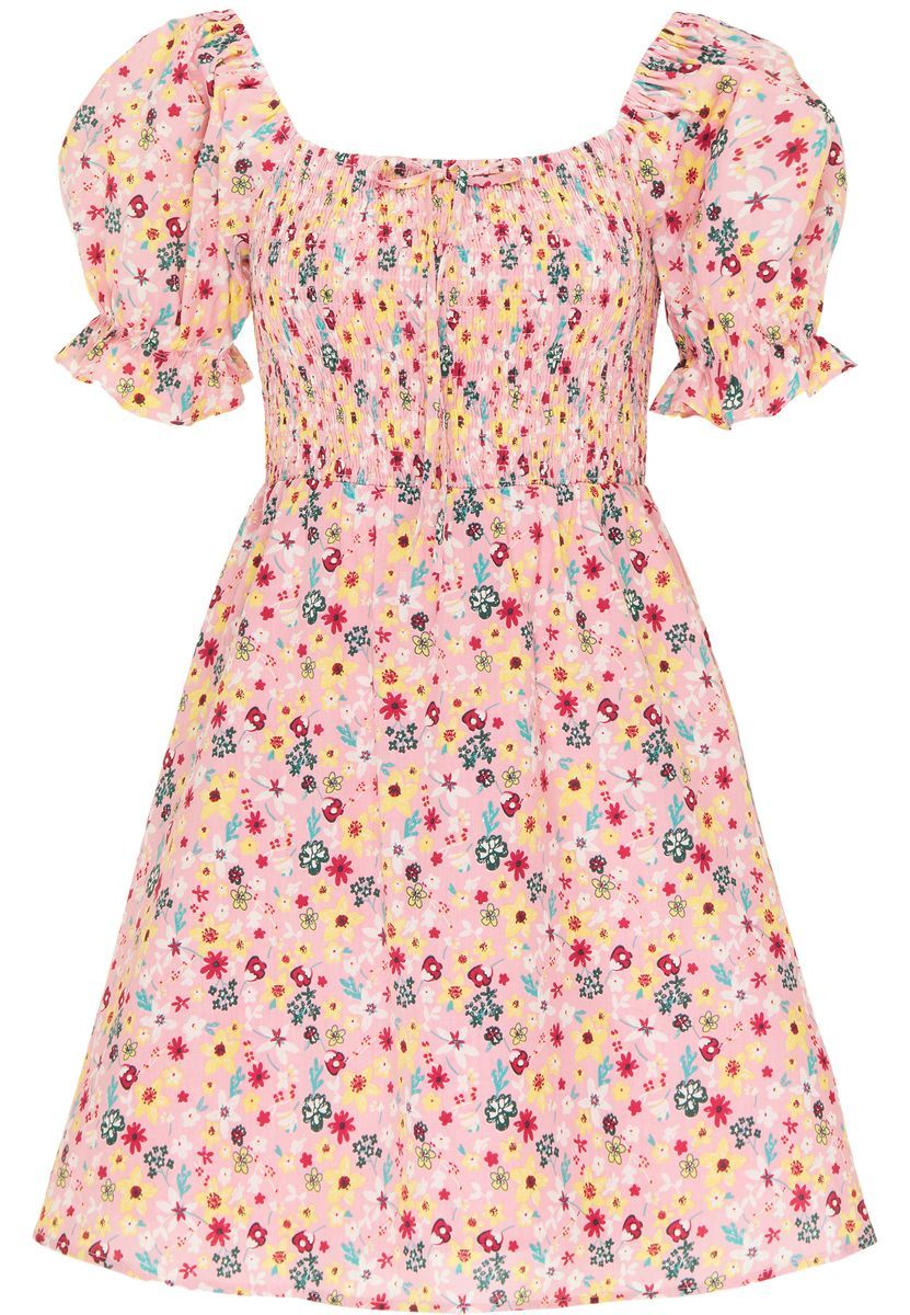 Mini-Kleid mit Blumenmuster und Smok-Oberteil