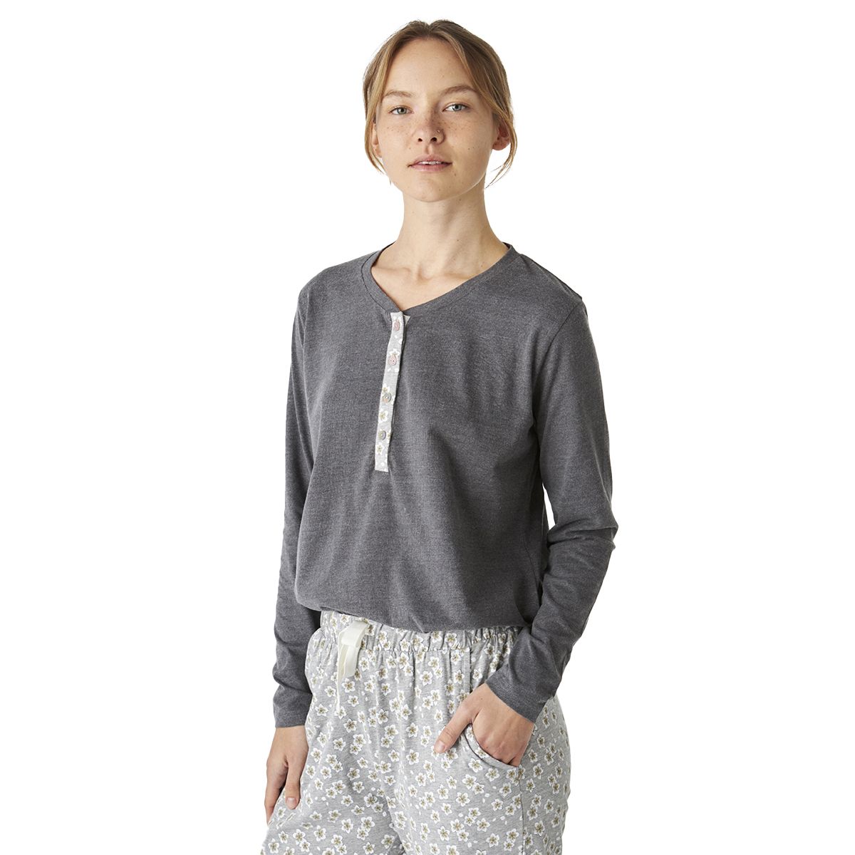 Langarm-Baumwollpyjama mit Henley-Ausschnitt
