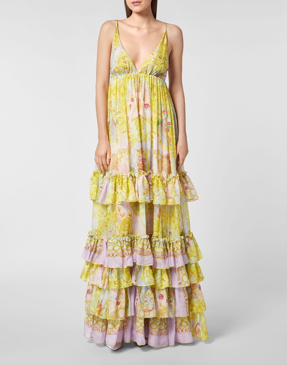 Gestuftes Chiffon-Maxikleid mit Rüschen
