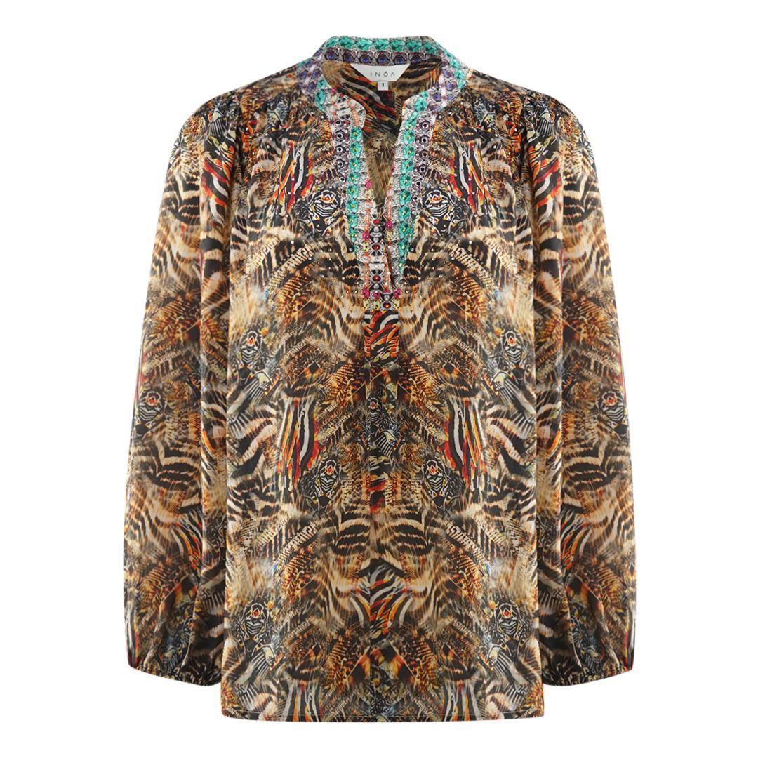 Mehrfarbige Seidenbluse mit Animal-Print