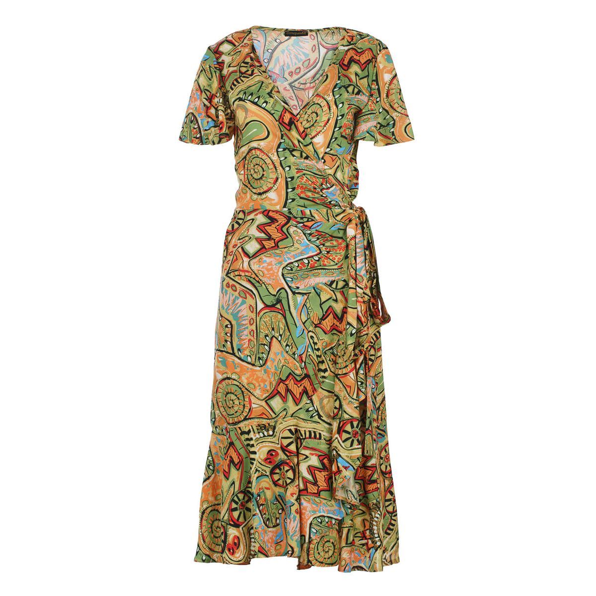 Bedrucktes V-Ausschnitt-Wickelmidikleid