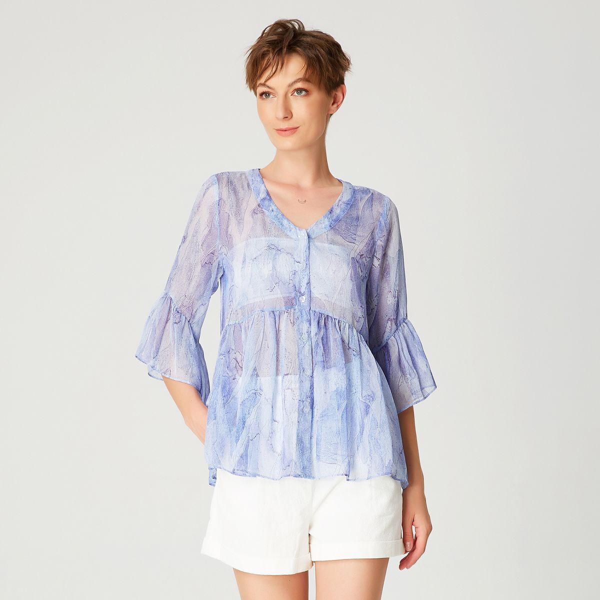 Chiffonbluse mit Blumendruck und Rüschenärmeln