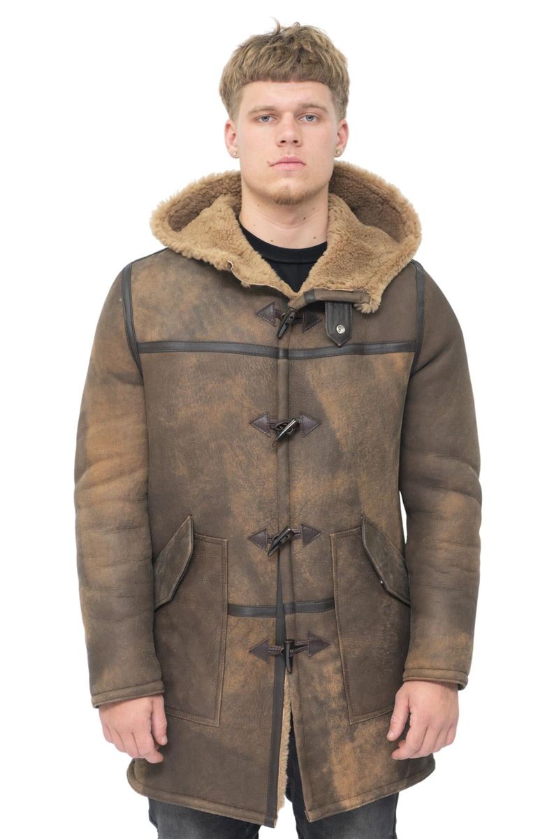 Vintage brauner Schaffell Dufflecoat mit Kapuze