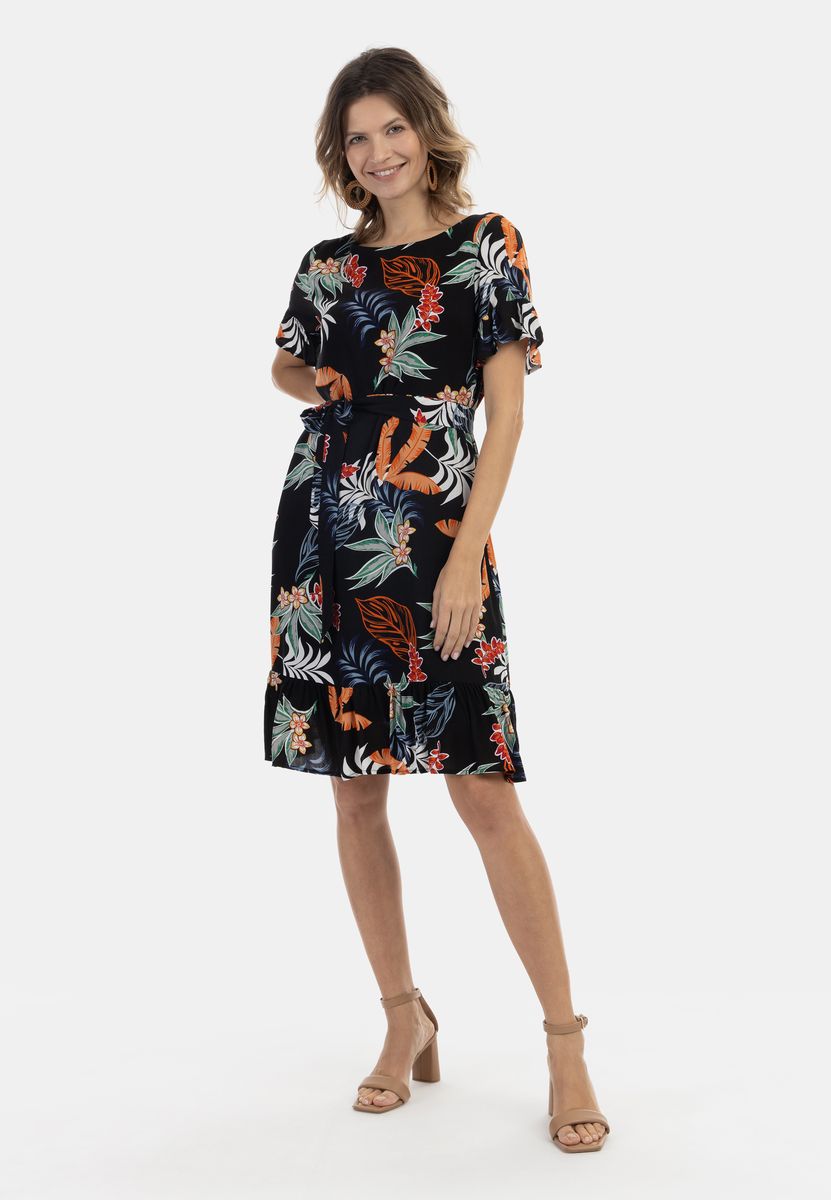 Tropisches Blumen-Midikleid mit Volants