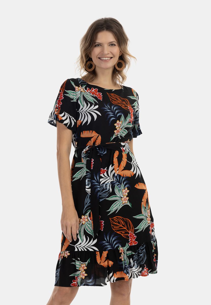Tropisches Blumen-Midikleid mit Volants