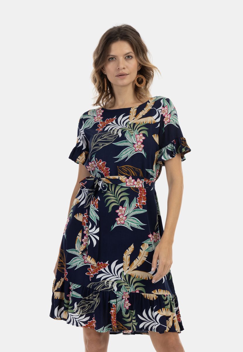 Tropisches Blumen-Midikleid mit Volants