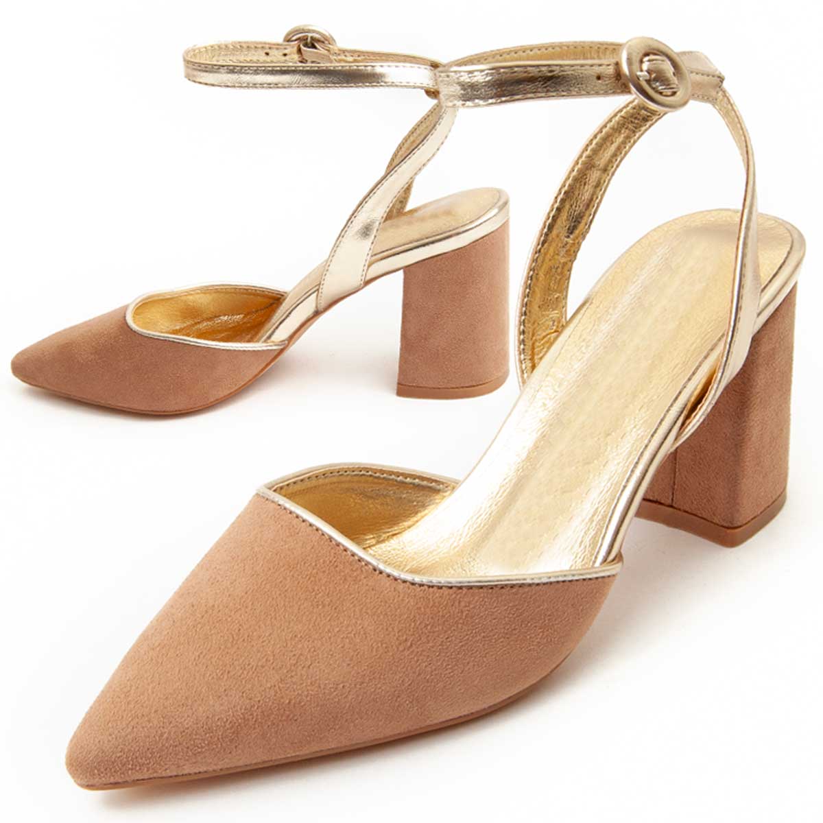 Spitz zulaufende Pumps mit Blockabsatz und Knöchelriemen