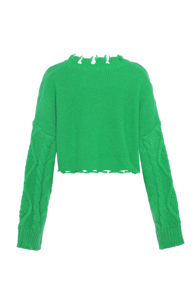 Zopfstrick-Kurzpullover im Destroyed-Look
