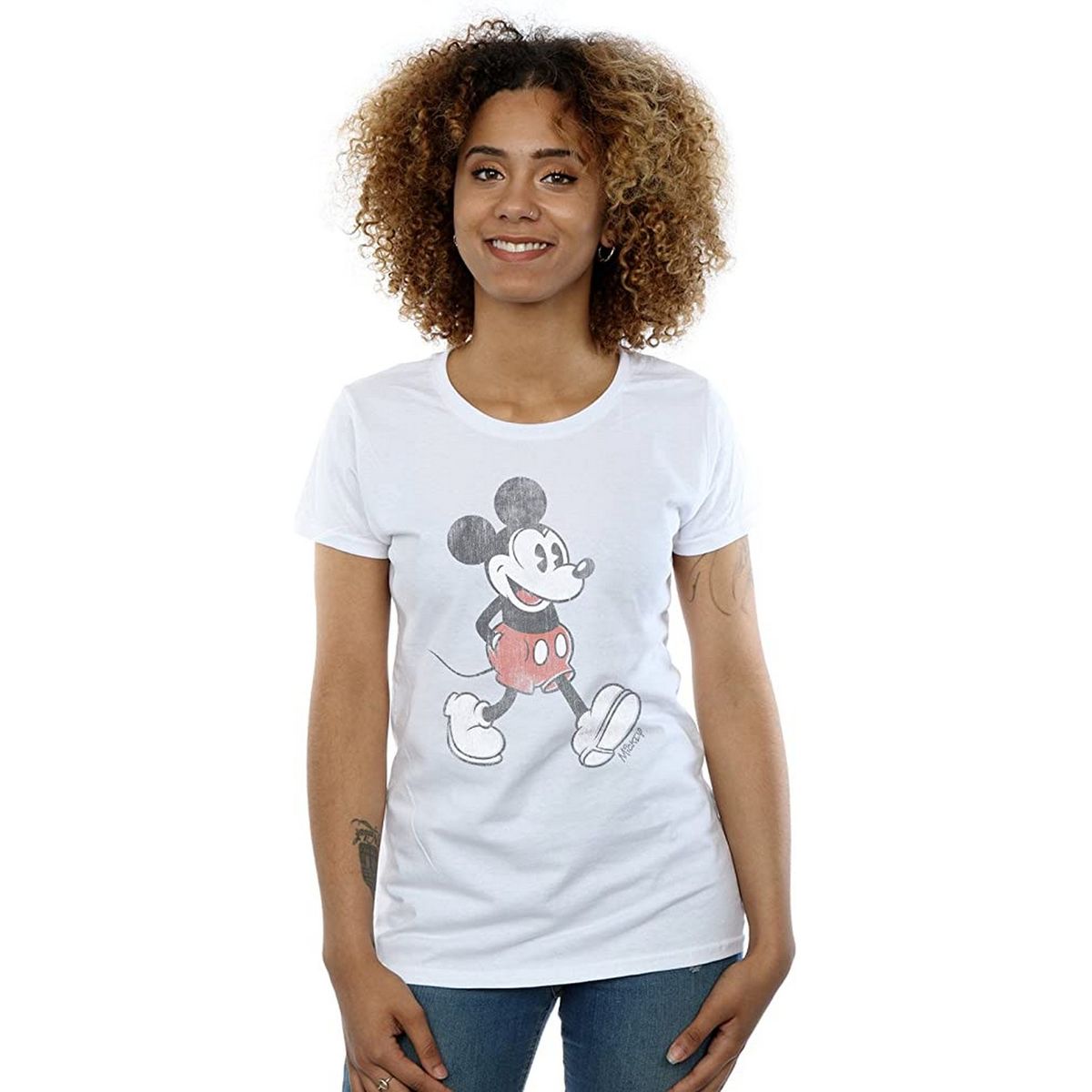 Disney Damen/Damen Walking Mickey Mouse T-Shirt aus Baumwolle (Weiß)