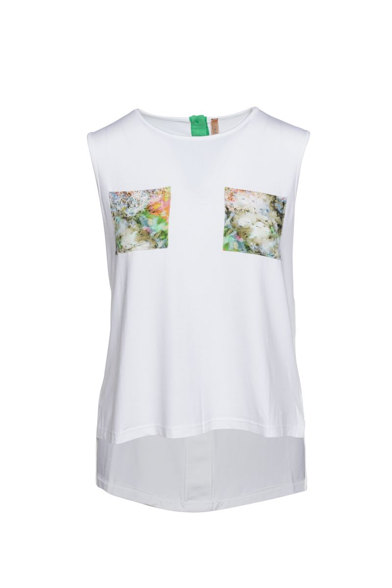 Weißes, ärmelloses Top mit floralen Taschen