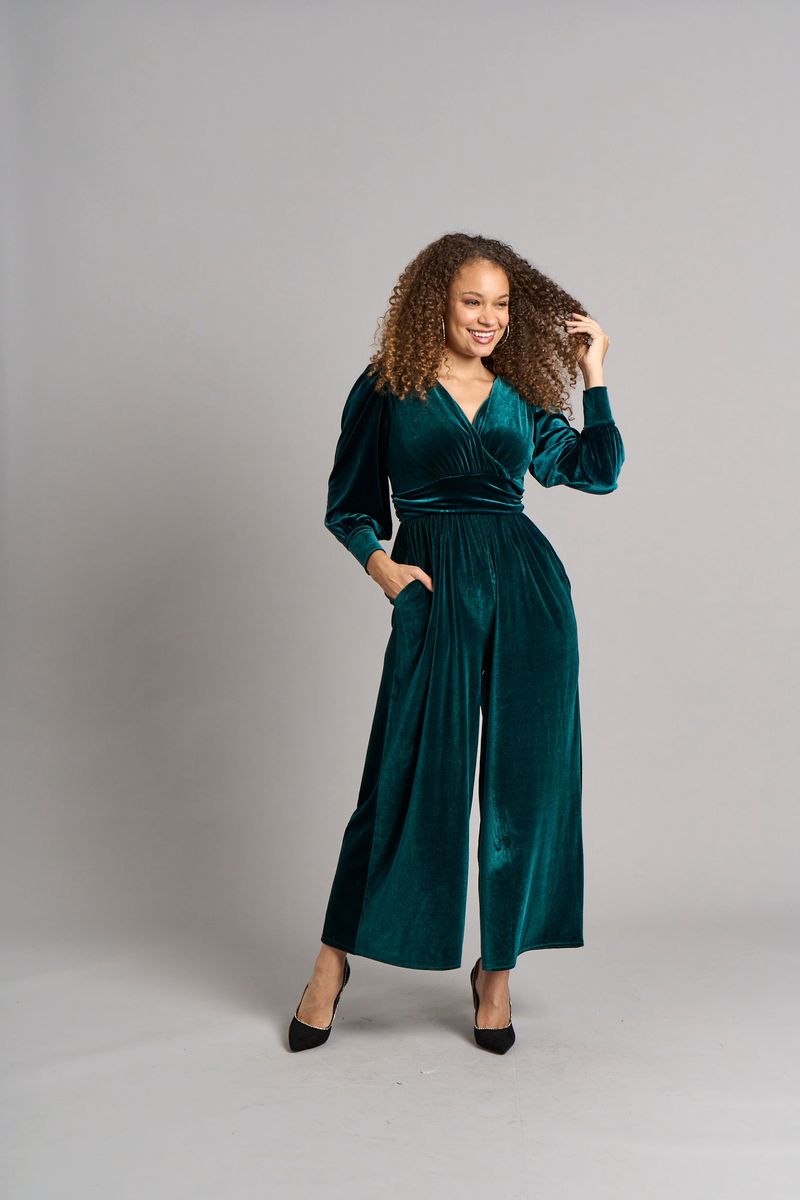 Smaragdgrüner Samt Jumpsuit mit weitem Bein