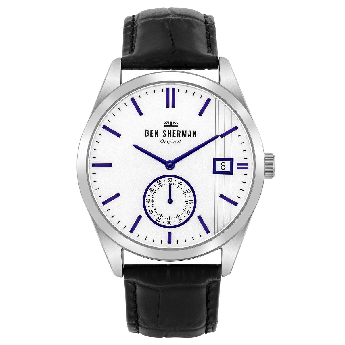 Moderne silberfarbene Uhr mit schwarzem Zifferblatt