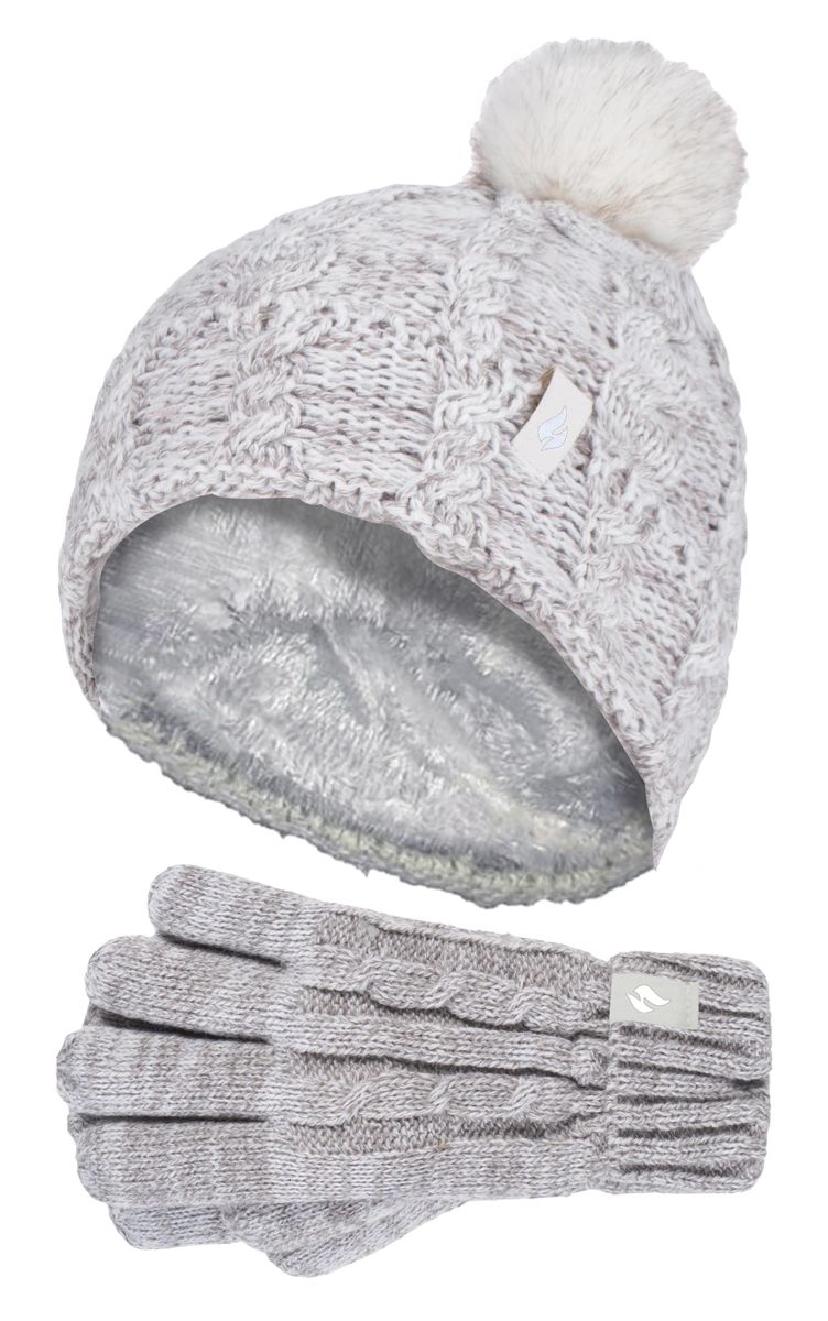 Wärmehalter - Set aus Bommelmütze und Handschuhen für Mädchen | Mütze mit umgeschlagener Manschette und Kabelstrickhandschuhe - Haferflocken-Twist