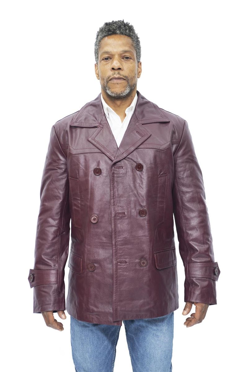 Herren Doppelreihiger Leder Peacoat Jacke