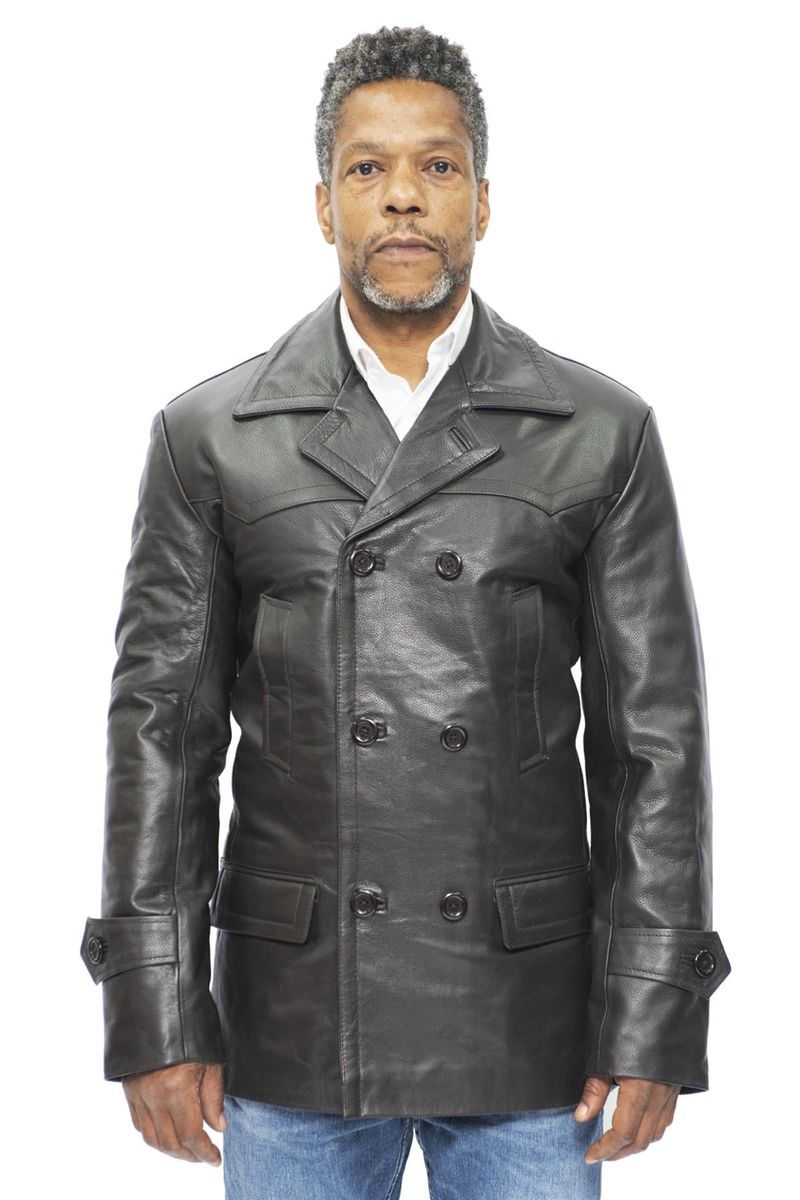 Herren Doppelreihiger Leder Peacoat Jacke