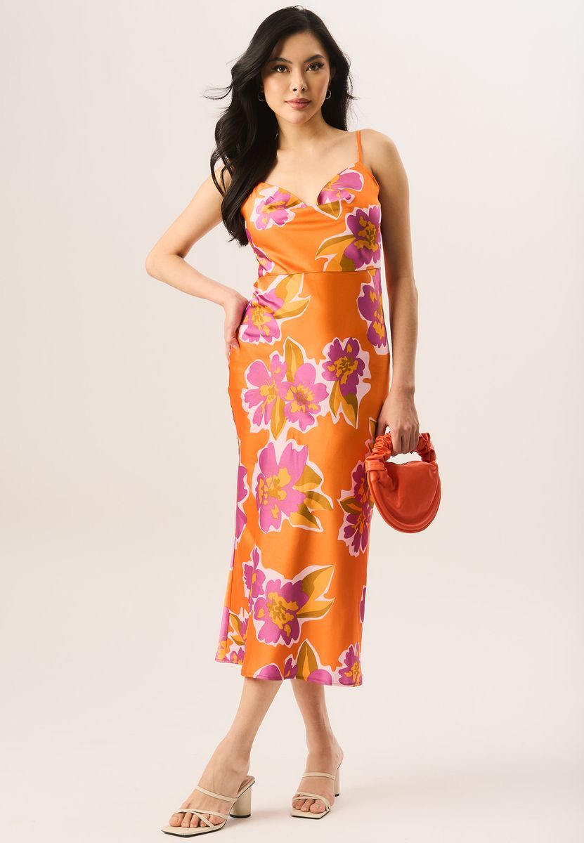 Midikleid mit Blumenmuster und Wasserfallausschnitt